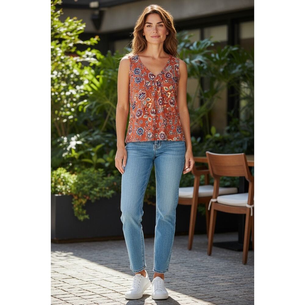Floral Sleeveless Tank Top Boho Orange Rust Flowy Blouse Womens M - Picture 3 of 9
